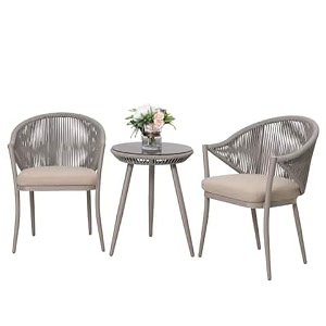 aeron 3 piece patio rope bistro set outdoor indoor woven rope conversation balcony furniture set with glass top table and cushion chairs for garden with metal powder coated