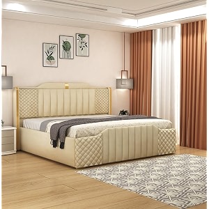 aesthetic crafts modern upholstered king size bed with box storage for bedroom  wooden double bed with storage  platform cot bed with upholstery premium fabric  65 x 6 ft sheesham wood cream