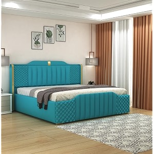 aesthetic crafts modern upholstered queen size bed with box storage for bedroom  wooden double bed with storage  platform cot bed with upholstery premium fabric  65 x 5 ft sheesham wood sky blue