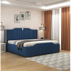 aesthetic crafts modern upholstered queen size bed with box storage for bedroom  wooden double bed with storage  platform cot bed with upholstery premium fabric 65 x 5 ft sheesham wood navy blue