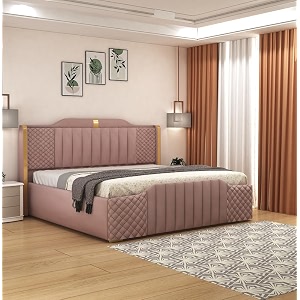 aesthetic crafts modern upholstered king size bed with box storage for bedroom  wooden double bed with storage  platform cot bed with upholstery premium fabric  65 x 6 ft sheesham wood peach