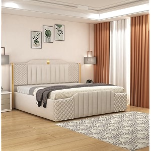 aesthetic crafts modern upholstered queen size bed with box storage for bedroom  wooden double bed with storage  platform cot bed with upholstery premium fabric  65 x 5 ft sheesham wood white