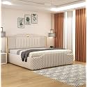 Aesthetic crafts Modern Upholstered Queen Size Bed with Box Storage for Bedroom | Wooden Double Bed with Storage | Platform Cot Bed with Upholstery Premium Fabric | 6.5 x 5 Ft, Sheesham Wood, White
