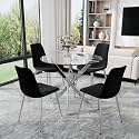 AF ARTISAN FURNITURE 36" Round Glass Dining Table Set for 4, 5-Piece Modern Kitchen Table with 4 Black Scoop Velvet Chairs, Modern Circle Leisure Table for Home Office Dining Room (Silver Leg)