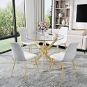 AF ARTISAN FURNITURE 36" Round Glass Dining Table Set for 4, 5-Piece Modern Kitchen Table with 4 White Velvet Chairs, Modern Circle Leisure Table for Home Office Dining Room Small Spaces (Gold Leg)