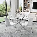 AF ARTISAN FURNITURE 36" Round Glass Dining Table Set for 4, 5-Piece Modern Kitchen Table with 4 White Velvet Chairs, Modern Circle Leisure Table for Home Office Dining Room Small Spaces (Silver Leg)