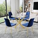 AF ARTISAN FURNITURE 36" Round Glass Dining Table Set for 4, 5-Piece Modern Kitchen Tables with 4 Blue Velvet Chairs, Modern Circle Leisure Table for Home Office Dining Room Small Spaces (Gold Leg)