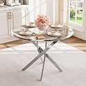 AF ARTISAN FURNITURE 36" Round Glass Dining Table for 4, Stainless Steel Legs &amp; Tempered Glass Top, Modern Circle Leisure Table for Home Office Kitchen Dining Room Small Spaces (Silver Legs)