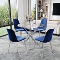 AF ARTISAN FURNITURE 36" Round Glass Dining Table Set for 4, 5-Piece Modern Kitchen Table with 4 Blue Scoop Velvet Chairs, Modern Circle Leisure Table for Home Office Dining Room (Silver Leg)