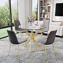 AF ARTISAN FURNITURE 36" Round Glass Dining Table Set for 4, 5-Piece Modern Kitchen Table with 4 Grey Velvet Chairs, Modern Circle Leisure Table for Home Office Dining Room Small Spaces (Gold Leg)