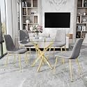 AF ARTISAN FURNITURE 36" Square Glass Dining Table Set for 4, 5-Piece Modern Kitchen Table with 4 Grey Velvet Chairs, Modern Circle Leisure Table for Home Office Dining Room Small Spaces (Gold Leg)