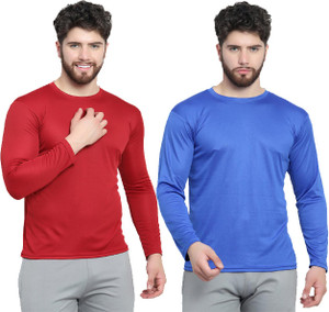afcollection pack of 2 men solid round neck polyester maroon blue t-shirt