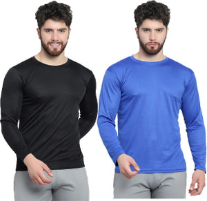 afcollection pack of 2 men solid round neck polyester black blue t-shirt