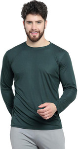 afcollection men solid round neck polyester dark green t-shirt