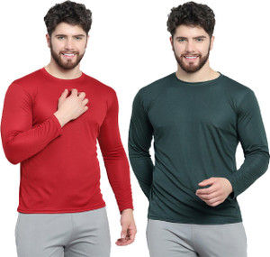 afcollection pack of 2 men solid round neck polyester maroon dark green t-shirt