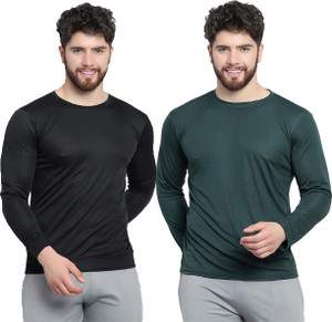 afcollection pack of 2 men solid round neck polyester black dark green t-shirt