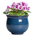 African Violet Pots, 6 Inch Ceramic Easy Self Watering Pots for Indoor Plant, Round Self Watering Planter with Absorbent Inner Pot, Ceramic Flower Pot, Room Decor, Plant Lover Gift, Retro Blue
