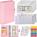 Afrodite Budget Binder Cash Envelopes for Budgeting Money Organizer for Cash Money Envelopes for Cash Leather A6 Budget Binder with Zipper envelopes (Pink)