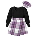 AGAPENG Girl Skirt Sets 3 Piece Outfits Square Neck Jacquard Puff Sleeve Tops Plaid Mini Skirt Shorts Fall Winter Clothes