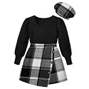 AGAPENG Girl Skirt Sets 3 Piece Outfits Square Neck Jacquard Puff Sleeve Tops Plaid Mini Skirt Shorts Fall Winter Clothes