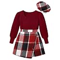 AGAPENG Girl Skirt Sets 3 Piece Outfits Square Neck Jacquard Puff Sleeve Tops Plaid Mini Skirt Shorts Fall Winter Clothes