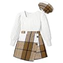 AGAPENG Girl Skirt Sets 3 Piece Outfits Square Neck Jacquard Puff Sleeve Tops Plaid Mini Skirt Shorts Fall Winter Clothes