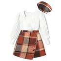 AGAPENG Girl Skirt Sets 3 Piece Outfits Square Neck Jacquard Puff Sleeve Tops Plaid Mini Skirt Shorts Fall Winter Clothes