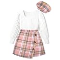 AGAPENG Girl Skirt Sets 3 Piece Outfits Square Neck Jacquard Puff Sleeve Tops Plaid Mini Skirt Shorts Fall Winter Clothes