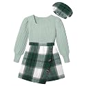 AGAPENG Girl Skirt Sets 3 Piece Outfits Square Neck Jacquard Puff Sleeve Tops Plaid Mini Skirt Shorts Fall Winter Clothes