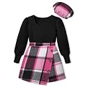 AGAPENG Girl Skirt Sets 3 Piece Outfits Square Neck Jacquard Puff Sleeve Tops Plaid Mini Skirt Shorts Fall Winter Clothes