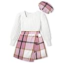 AGAPENG Girl Skirt Sets 3 Piece Outfits Square Neck Jacquard Puff Sleeve Tops Plaid Mini Skirt Shorts Fall Winter Clothes