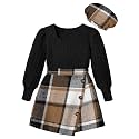 AGAPENG Girl Skirt Sets 3 Piece Outfits Square Neck Jacquard Puff Sleeve Tops Plaid Mini Skirt Shorts Fall Winter Clothes
