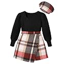 AGAPENG Girl Skirt Sets 3 Piece Outfits Square Neck Jacquard Puff Sleeve Tops Plaid Mini Skirt Shorts Fall Winter Clothes