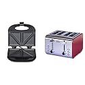 Agaro 33185 Elegant Sandwich Maker, 800 W with 4 Slice Non-Stick Fixed Plates (Black)+AGARO GRAND 4 Slice Pop-up Toaster 1400-1600W, steel & red, large (33504)