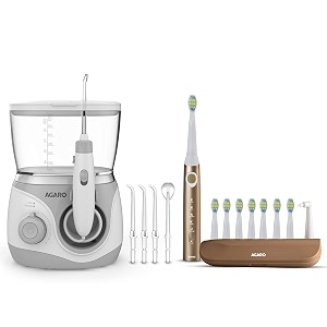 agaro cosmic plus max sonic electric toothbrush for adults with 5 modes 7 brush heads 1 interdental head carry case and rechargeable battery lasting up to 25 days gold