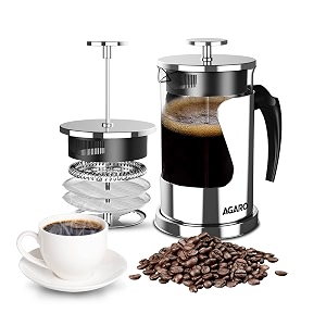 agaro crystal french press coffee maker 600 ml 4 level filtration system 304 grade stainless steel-heat resistant borosilicate glass silver