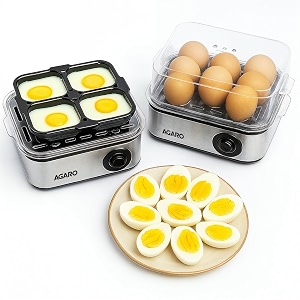 agaro grand egg boiler and poacher 2-in1 boils 8 eggs poach 4 eggs steamed vegetables 3 boiling types stainless steel body transparent lid 500w silver