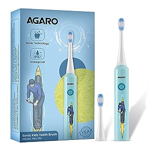 agaro rex dlx sonic aa battery electric toothbrush for kids with 6 brushing modes 2 interchangeable brush heads soft nylon bristles power toothbrush aa battery blue