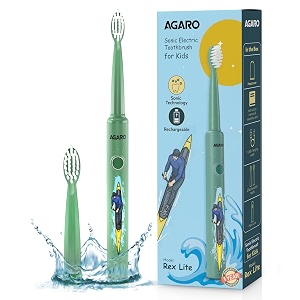 agaro rex lite sonic electric kids toothbrush with 3 brushing modes 19000 strokes per minute dupont soft nylon bristles rechargeable battery power tooth brush replaceable heads