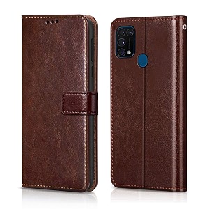 agh shockproof full body protection all angle cover 360 degree complete protection leather flip cover wallet back cover case mobile cover for samsung galaxy m31 brown