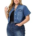 Agnes Orinda Plus Size Denim Jacket for Women Short Sleeves Button Down Cropped Jean Jackets