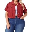Agnes Orinda Plus Size Denim Jacket for Women Short Sleeves Button Down Cropped Jean Jackets