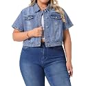 Agnes Orinda Plus Size Denim Jacket for Women Short Sleeves Button Down Cropped Jean Jackets