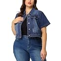 Agnes Orinda Plus Size Denim Jacket for Women Short Sleeves Button Down Cropped Jean Jackets