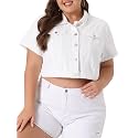 Agnes Orinda Plus Size Denim Jacket for Women Short Sleeves Button Down Cropped Jean Jackets