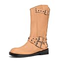 Agodor Women's Mid Calf Boots Chunky Low Heel Riding Buckle Moto Boot for Women，Squared Toe Motorcycle Boots Slip On，Riding Biker Booties