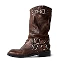 Agodor Women's Mid Calf Boots Chunky Low Heel Riding Buckle Moto Boot for Women，Squared Toe Motorcycle Boots Slip On，Riding Biker Booties