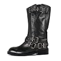 Agodor Women's Mid Calf Boots Chunky Low Heel Riding Buckle Moto Boot for Women，Squared Toe Motorcycle Boots Slip On，Riding Biker Booties