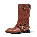 Agodor Women's Mid Calf Boots Chunky Low Heel Riding Buckle Moto Boot for Women，Squared Toe Motorcycle Boots Slip On，Riding Biker Booties