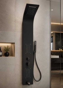 agoen stainless steel 5-in-1 shower panel matte black wall mounted hot  cold mixer shower system rainfall waterfall mist hand shower  body massage jets matte finish